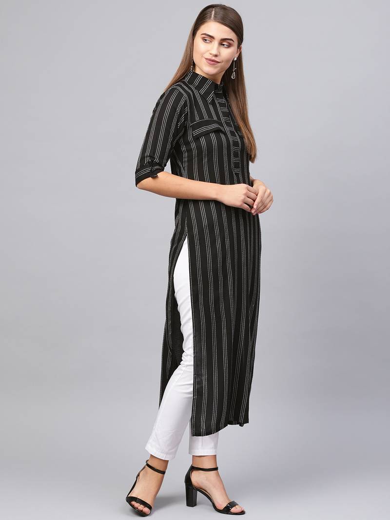 Inddus Black Cotton Striped Kurta