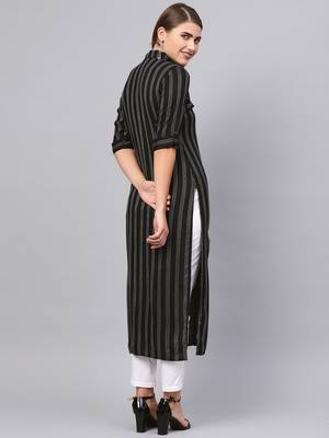Inddus Black Cotton Striped Kurta 3