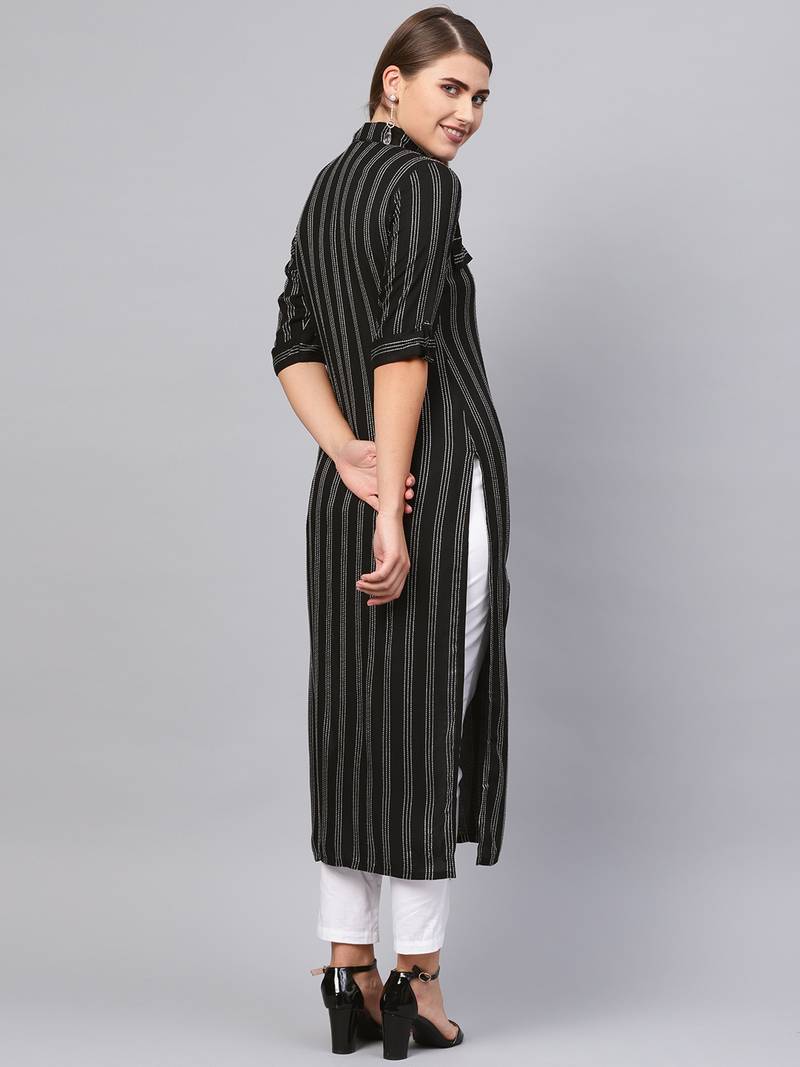 Inddus Black Cotton Striped Kurta