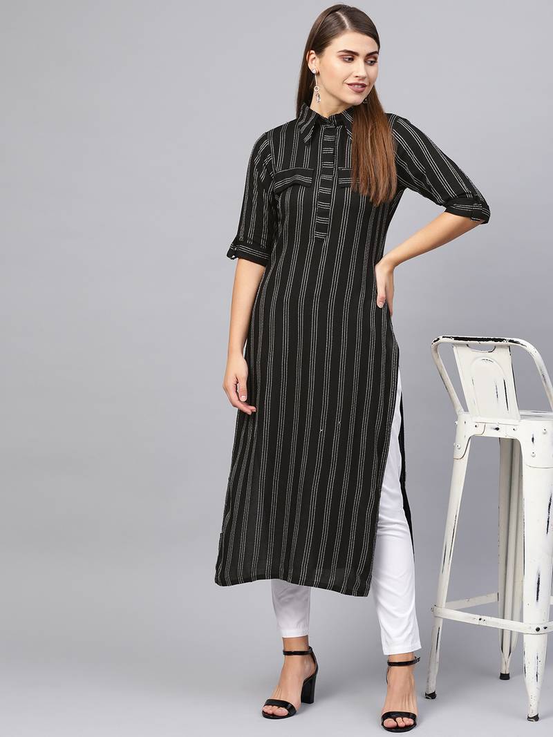 Inddus Black Cotton Striped Kurta