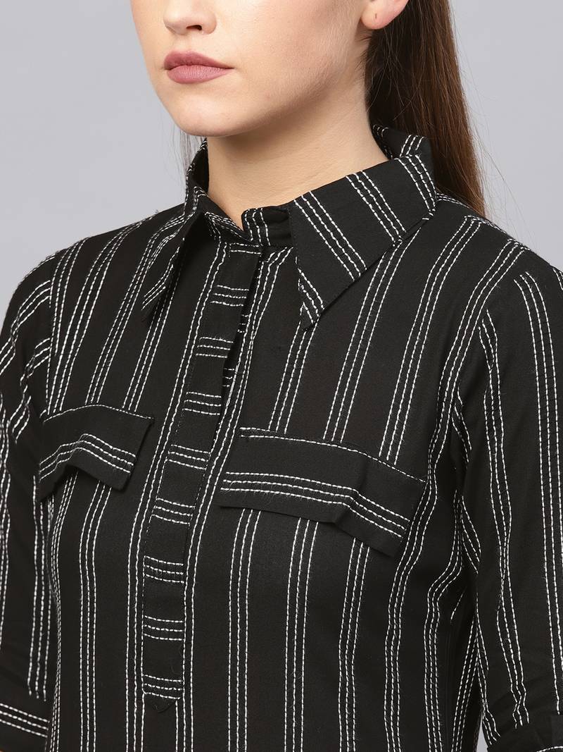 Inddus Black Cotton Striped Kurta