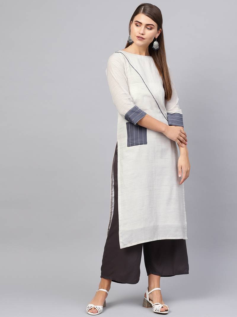 Inddus Off White Linen Blend Striped Kurta