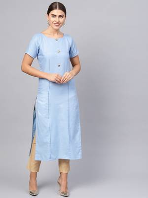 Inddus Blue Linen Blend Solid Kurta 1