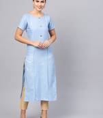 Inddus Blue Linen Blend Solid Kurta