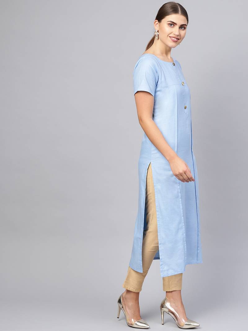 Inddus Blue Linen Blend Solid Kurta