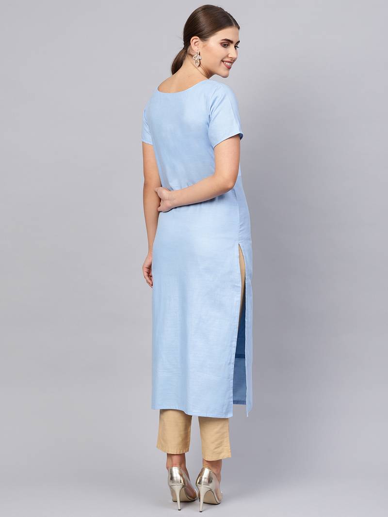 Inddus Blue Linen Blend Solid Kurta