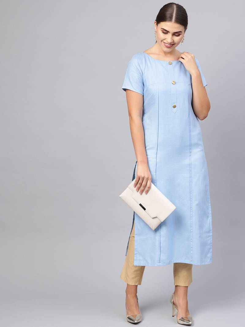 Inddus Blue Linen Blend Solid Kurta