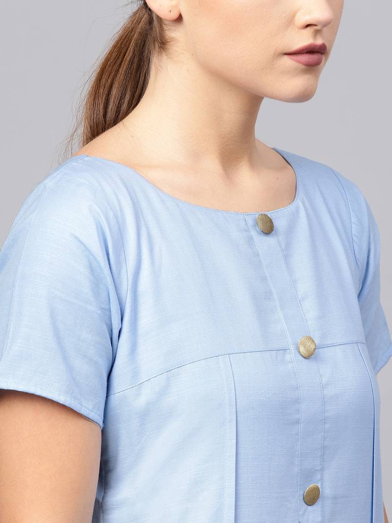 Inddus Blue Linen Blend Solid Kurta