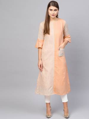 Inddus Peach Linen Blend Striped Kurta 1