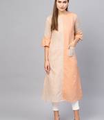 Inddus Peach Linen Blend Striped Kurta