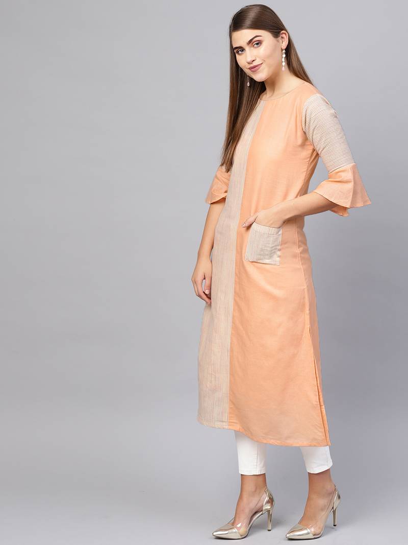 Inddus Peach Linen Blend Striped Kurta