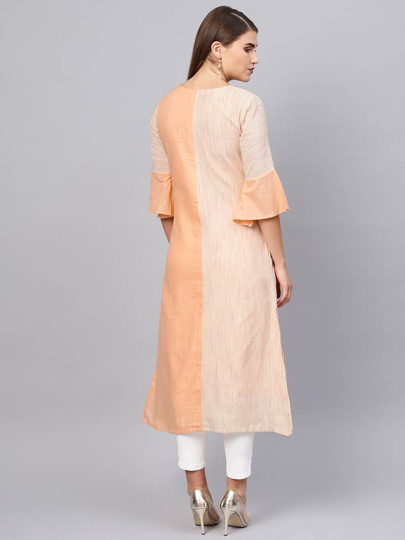 Inddus Peach Linen Blend Striped Kurta
