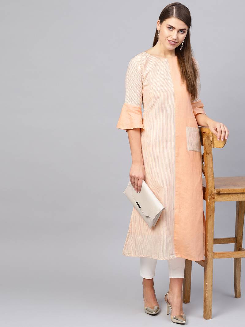 Inddus Peach Linen Blend Striped Kurta