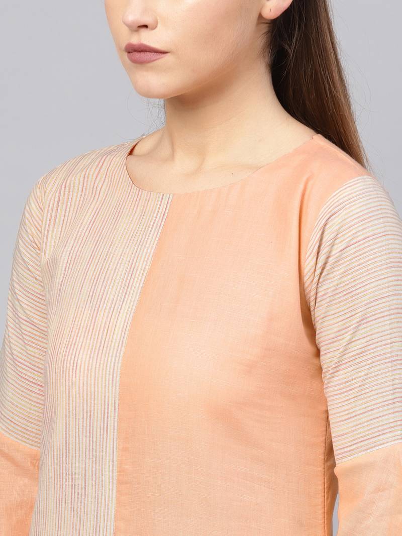 Inddus Peach Linen Blend Striped Kurta