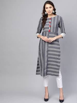 Inddus Grey Linen Blend Striped Kurta 1