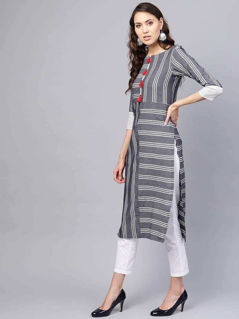 Inddus Grey Linen Blend Striped Kurta
