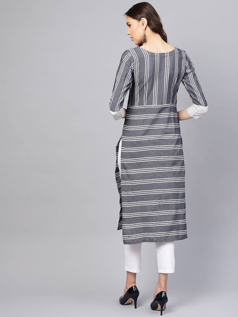 Inddus Grey Linen Blend Striped Kurta