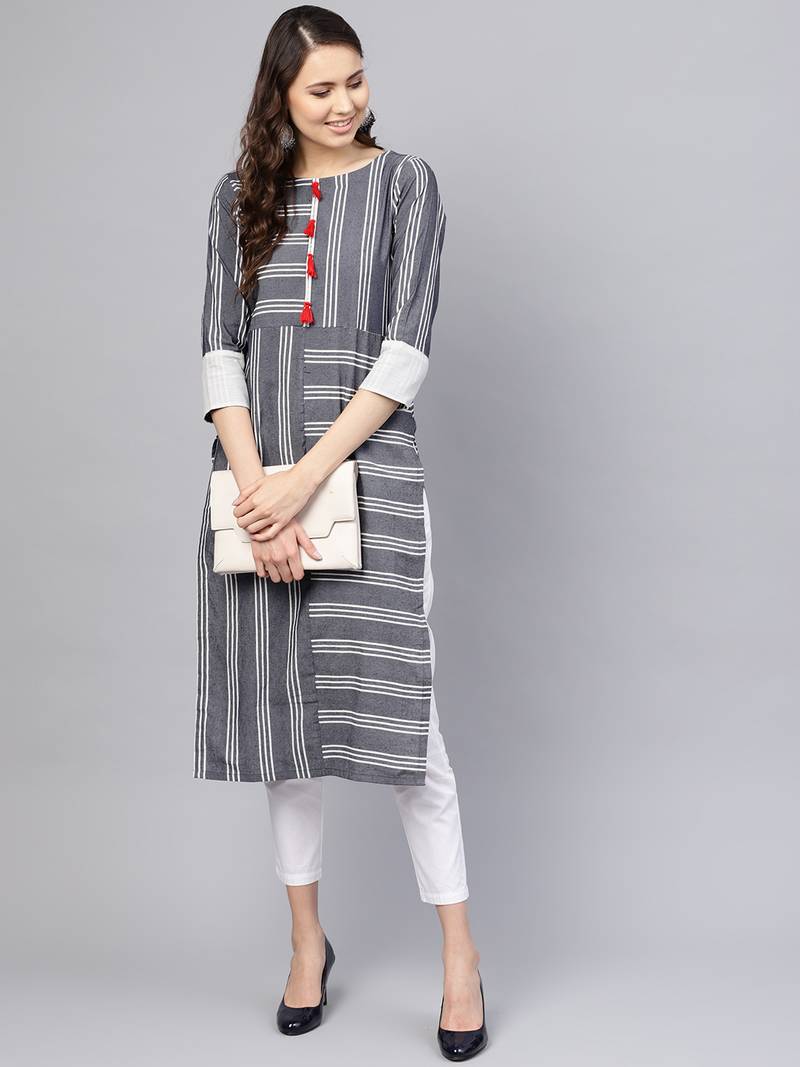 Inddus Grey Linen Blend Striped Kurta