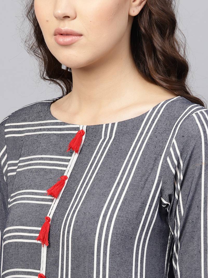 Inddus Grey Linen Blend Striped Kurta
