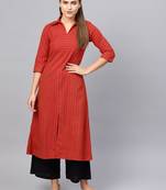 Inddus Red Cotton Striped Kurta