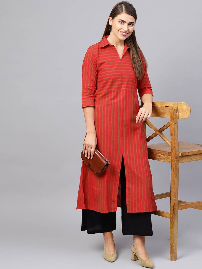 Inddus Red Cotton Striped Kurta