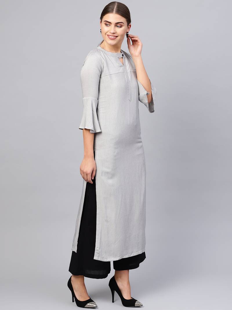 Inddus Grey Rayon Cotton Striped Kurta