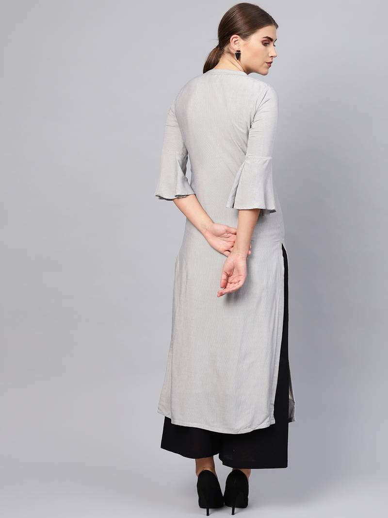 Inddus Grey Rayon Cotton Striped Kurta