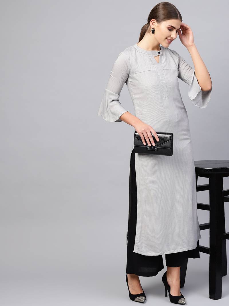 Inddus Grey Rayon Cotton Striped Kurta