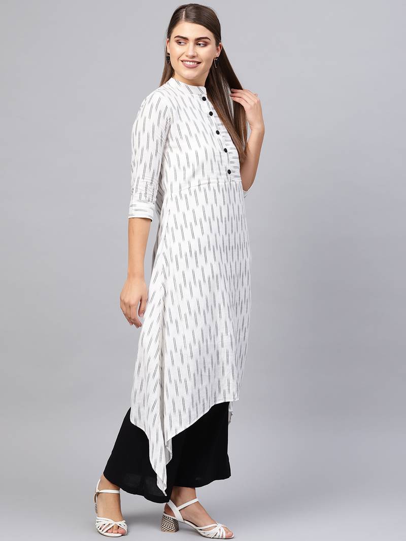 Inddus White & Black Cotton Ikkat Kurta