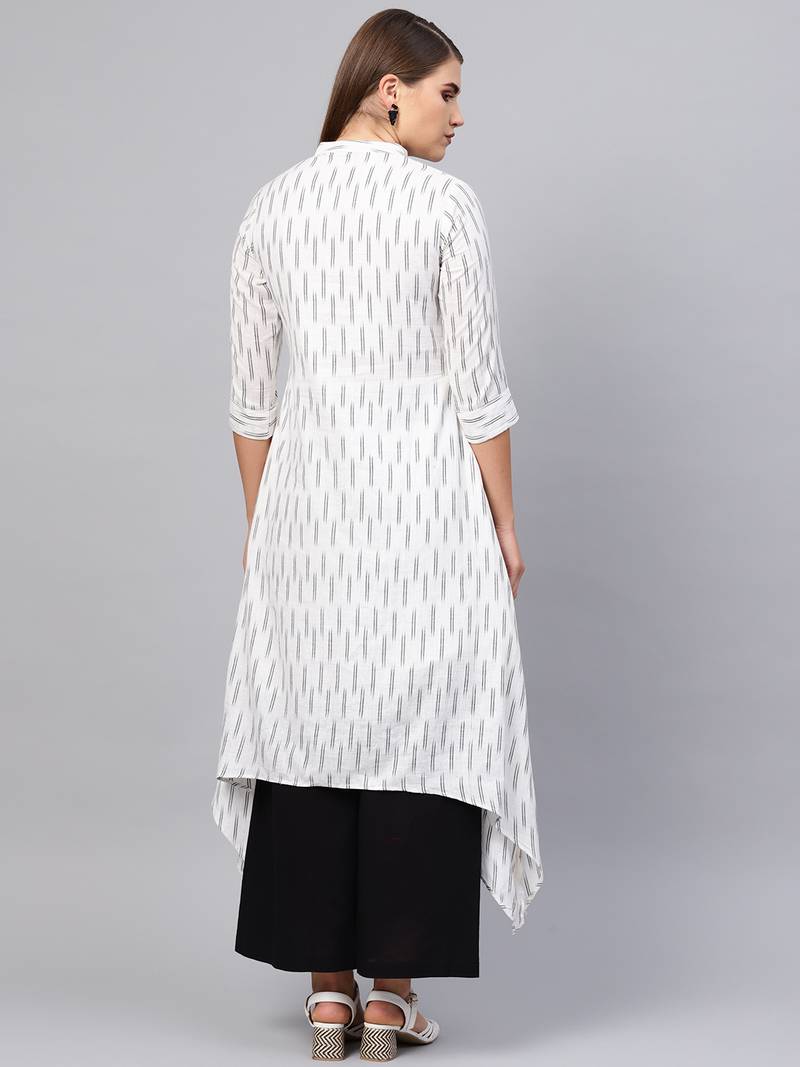 Inddus White & Black Cotton Ikkat Kurta