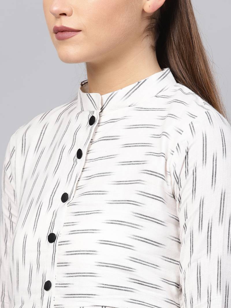 Inddus White & Black Cotton Ikkat Kurta