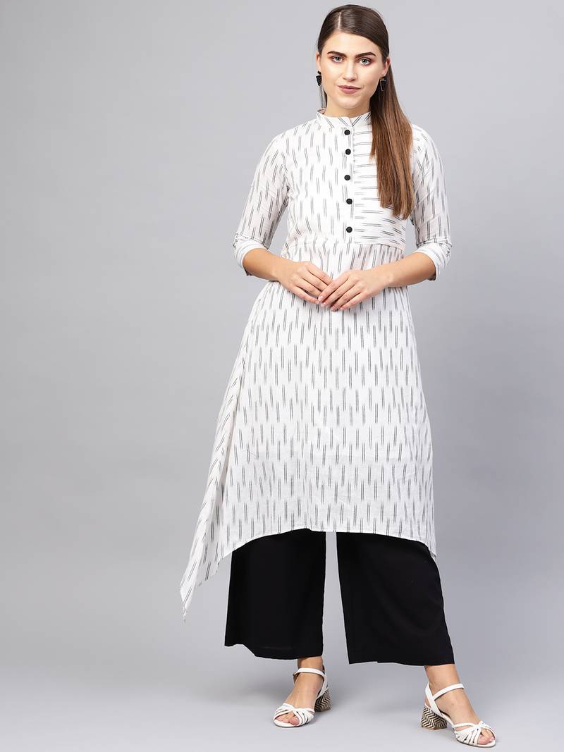 Inddus White & Black Cotton Ikkat Kurta