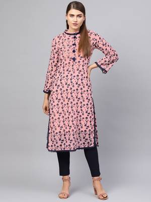 Inddus Pink & Navy Blue Georgette Floral Printed Kurta 1