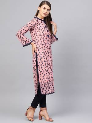 Inddus Pink & Navy Blue Georgette Floral Printed Kurta 2