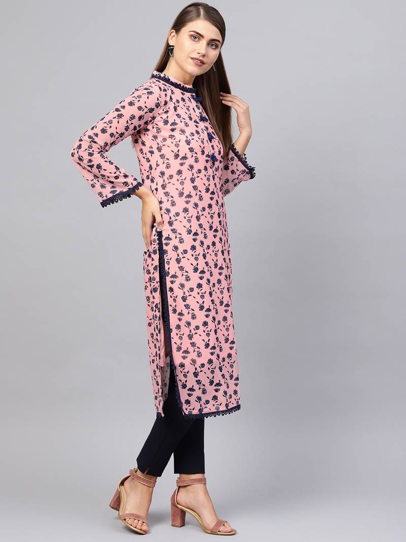 Inddus Pink & Navy Blue Georgette Floral Printed Kurta