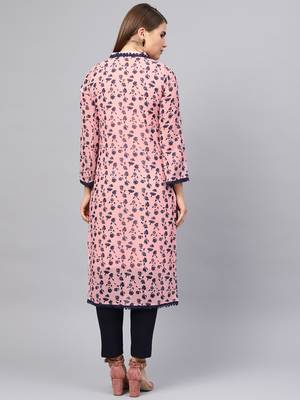 Inddus Pink & Navy Blue Georgette Floral Printed Kurta 3
