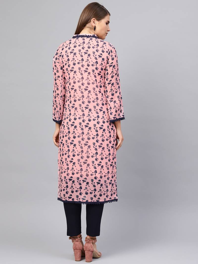 Inddus Pink & Navy Blue Georgette Floral Printed Kurta