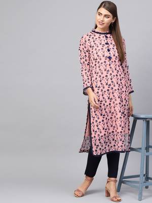 Inddus Pink & Navy Blue Georgette Floral Printed Kurta 5