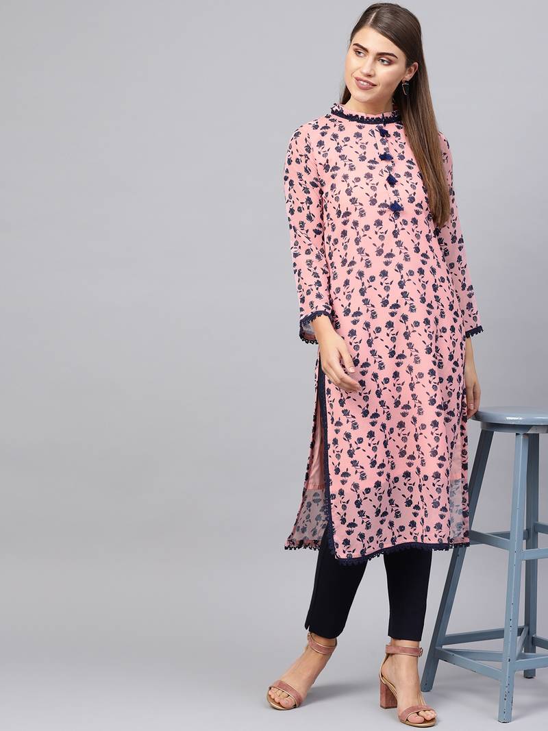 Inddus Pink & Navy Blue Georgette Floral Printed Kurta