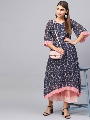 Inddus Navy Blue & Pink Georgette Floral Printed Kurta 1
