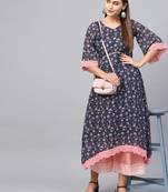 Inddus Navy Blue & Pink Georgette Floral Printed Kurta
