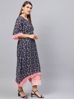 Inddus Navy Blue & Pink Georgette Floral Printed Kurta 2