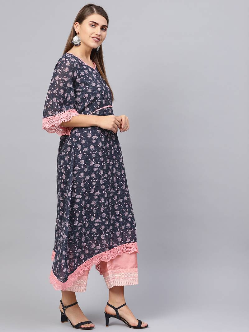 Inddus Navy Blue & Pink Georgette Floral Printed Kurta