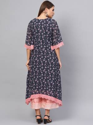 Inddus Navy Blue & Pink Georgette Floral Printed Kurta 3