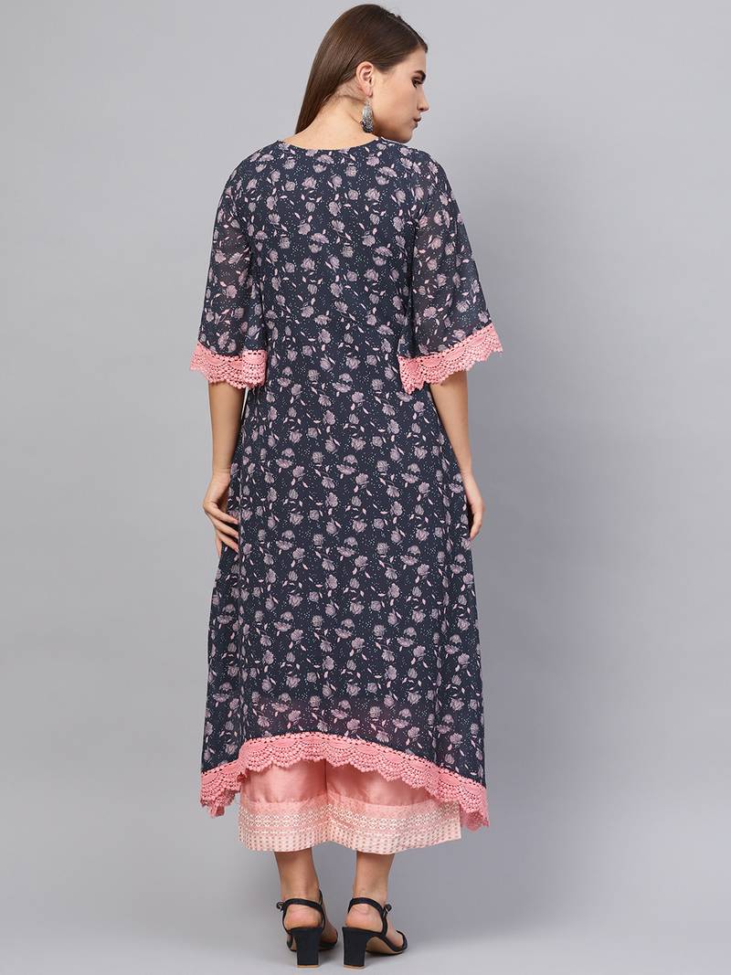 Inddus Navy Blue & Pink Georgette Floral Printed Kurta