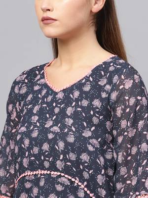Inddus Navy Blue & Pink Georgette Floral Printed Kurta 4