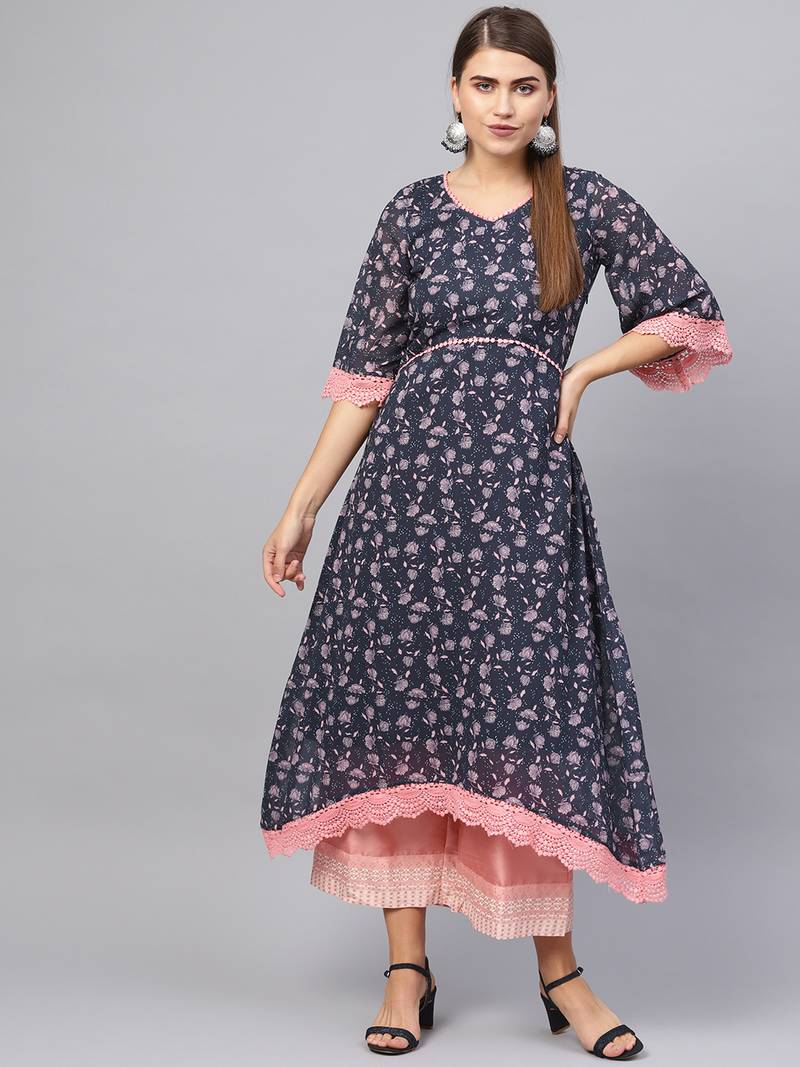 Inddus Navy Blue & Pink Georgette Floral Printed Kurta