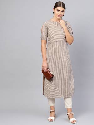 Inddus Beige Cotton Striped Kurta 1