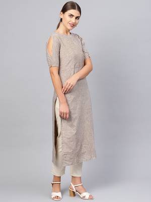 Inddus Beige Cotton Striped Kurta 2