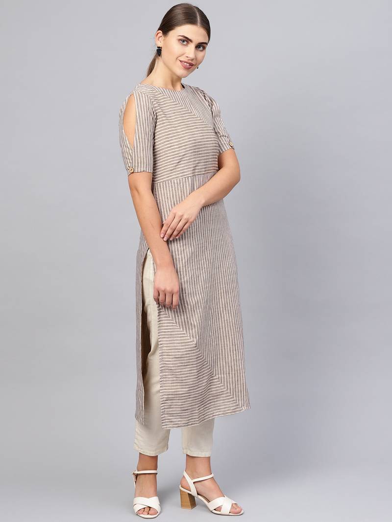 Inddus Beige Cotton Striped Kurta
